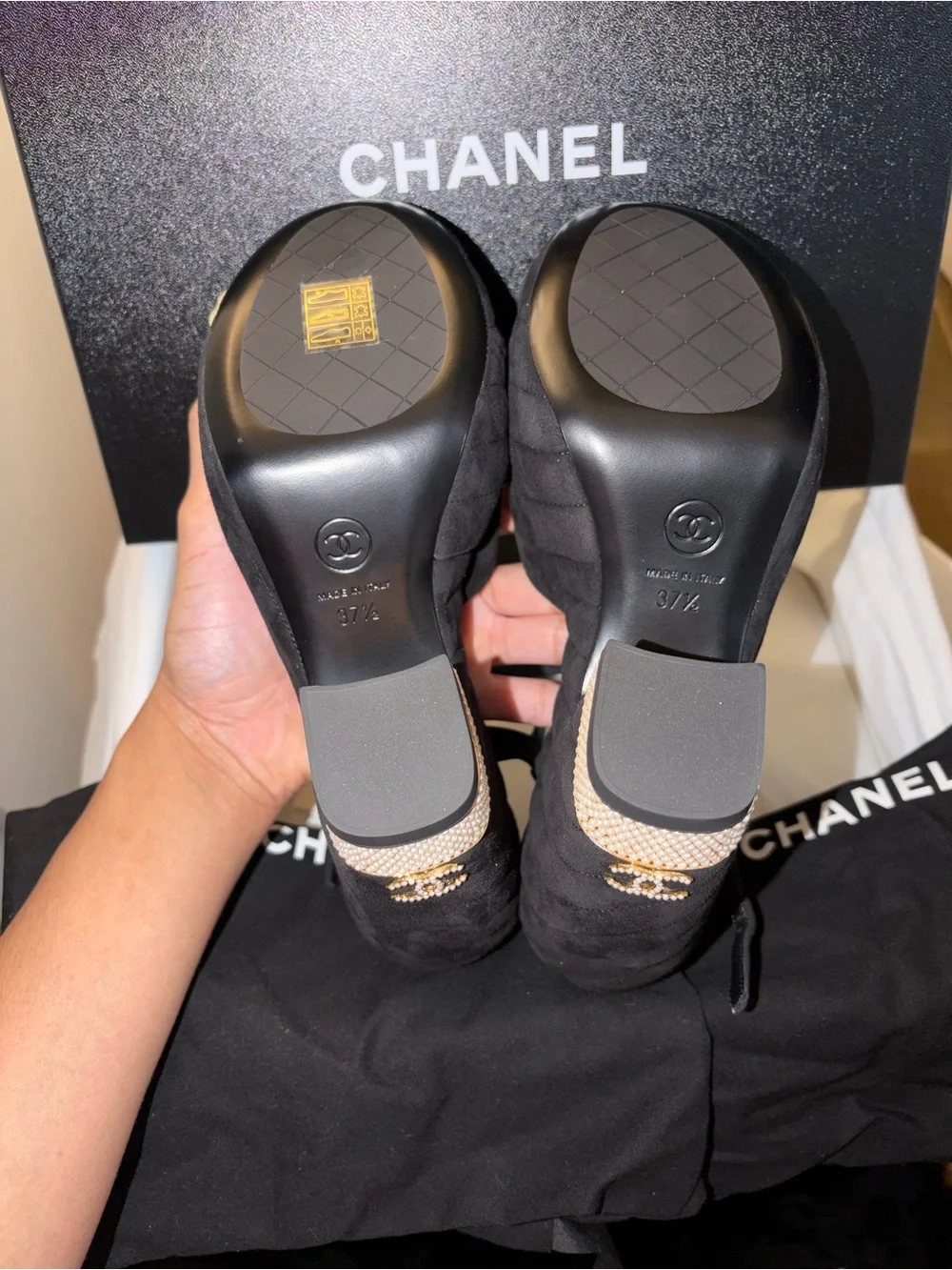 CHANEL Black Suede Platform Sandals with Bow and Pearl Heel Accent